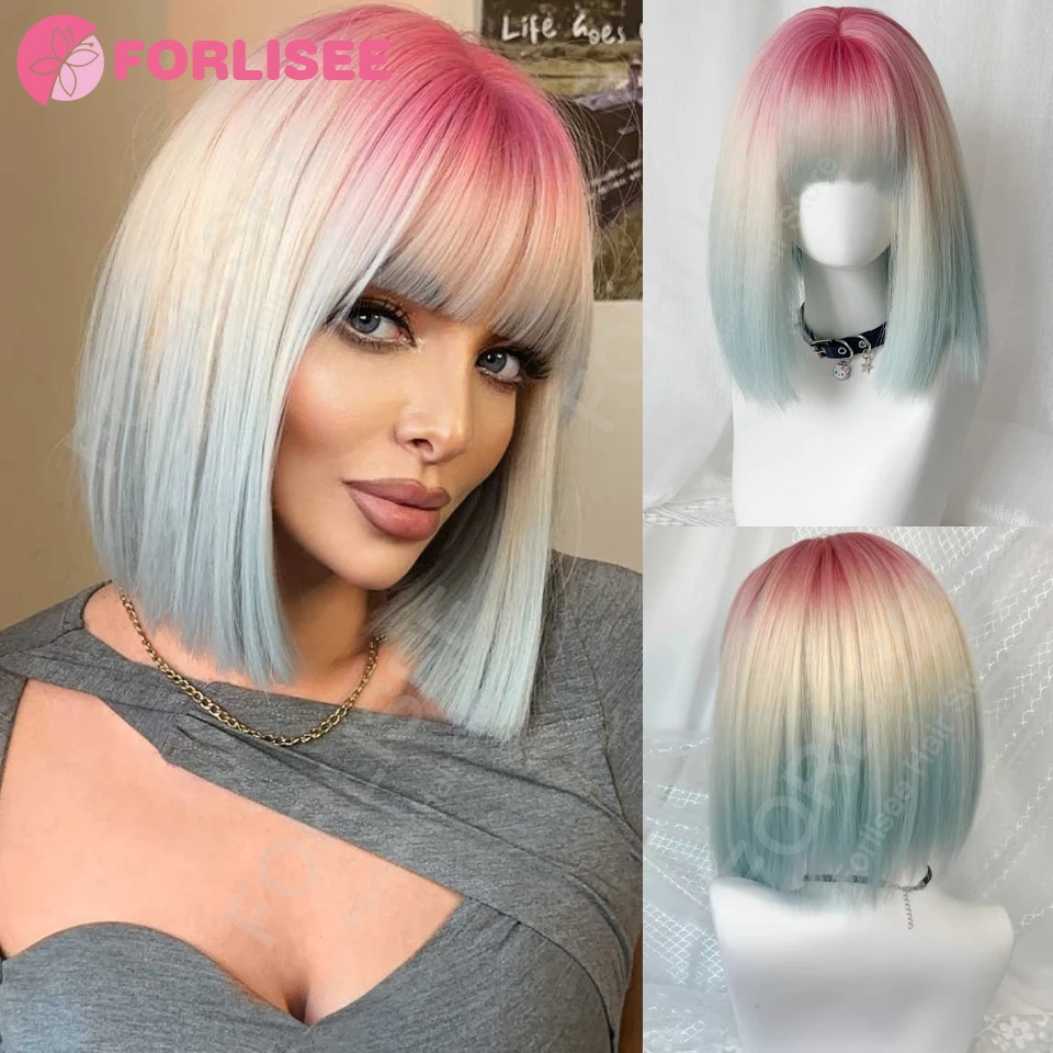 

Gradient Rainbow Color Synthetic Wig Straight Bob Wig with Bangs Suitable for Women Daily Cosplay Party High Halloween Wig