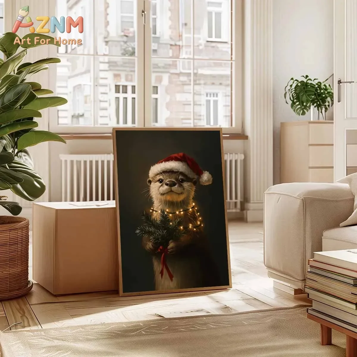 AZNM Cute Christmas Otter Canvas Wall Art Santa Hat Animal Print Poster Vintage Dark Moody Winter Holiday Farmhouse Home Decor U