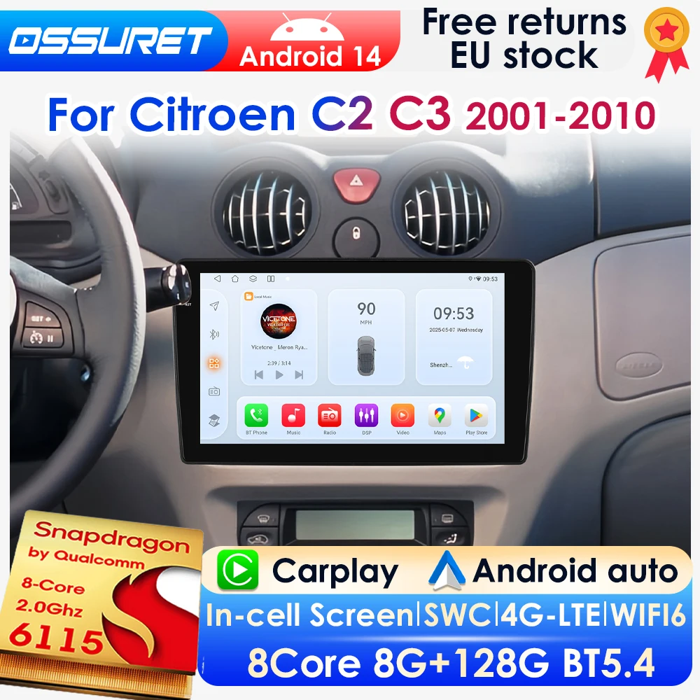 Qualcomm 8-Core CarPlay Android Auto Auto Radio Für Citroen C2 C3 2001 - 2010 Multimedia GPS Player 360 ° Panoramakamera 4G BT