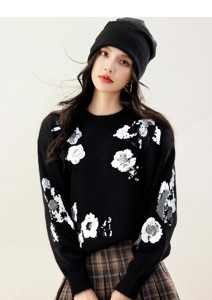 Suéter de punto de manga larga con cuello redondo para mujer, diseño Floral, lentejuelas con cuentas, Top elegante para otoño e invierno