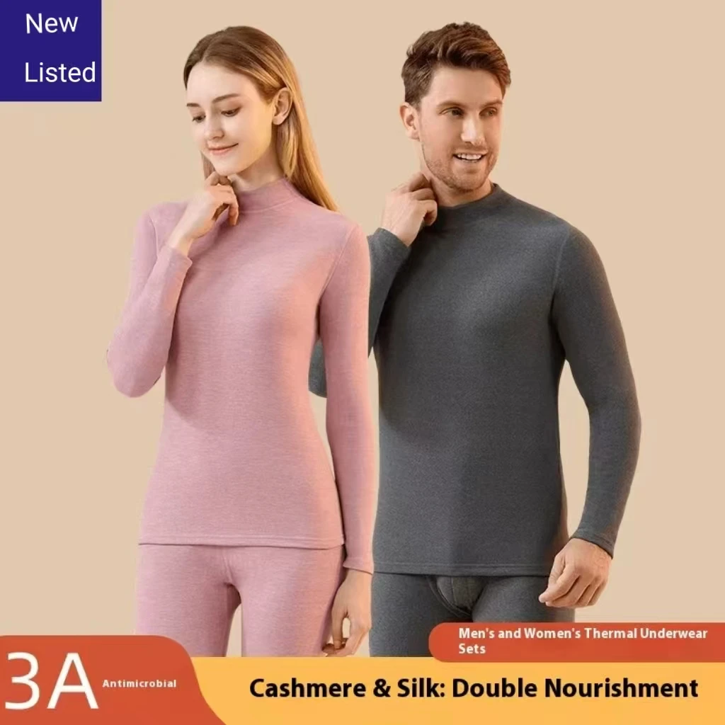 Halb-Rollkragen-Thermounterwäsche aus Kaschmir und Seide De'dong, langärmliges Oberteil mit mittlerem Ausschnitt und langen Unterhosen, mit Fleece gefüttertes, verdicktes Set