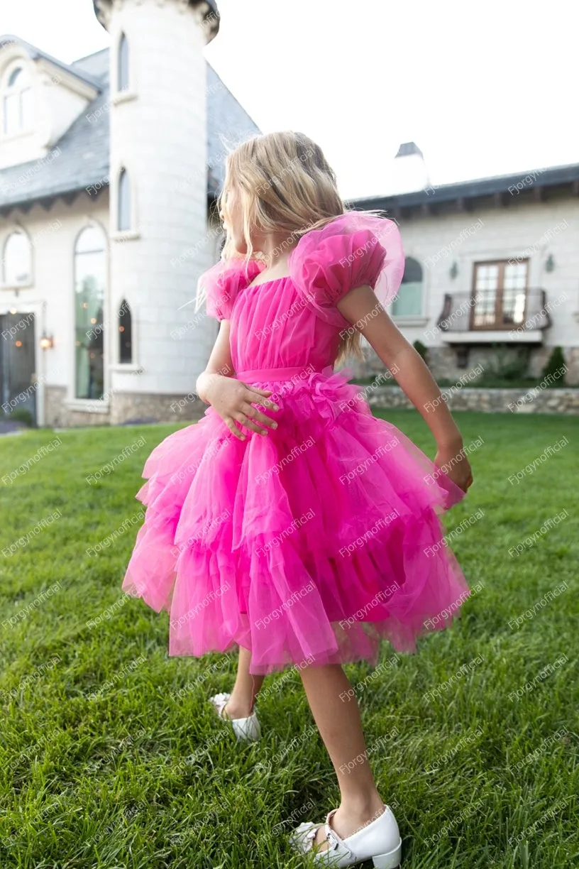 Hot Pink Tulle Mommy And Daughter Matching Dresses For Birthday   Party Photo Shoot Ruffles Puffy Short Mother And Me Evening Go