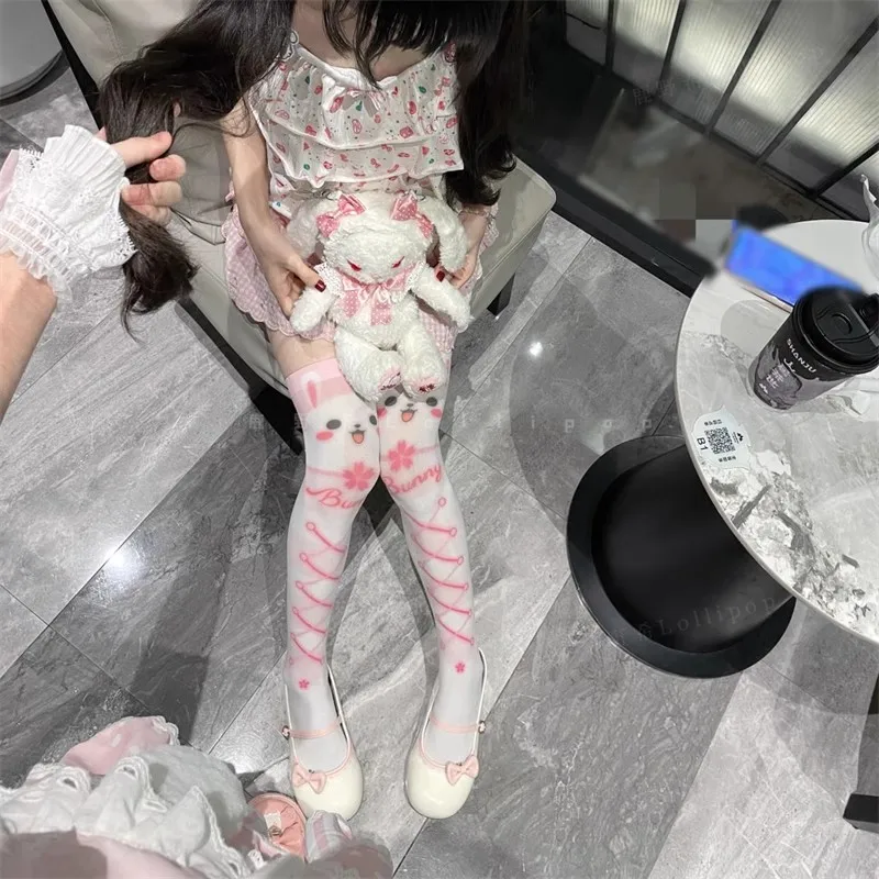 Kawaii bonito coelho branco sobre o joelho meias dos desenhos animados gato pata impressão senhora sexy longo tubo coxa meias menina lolita cosplay