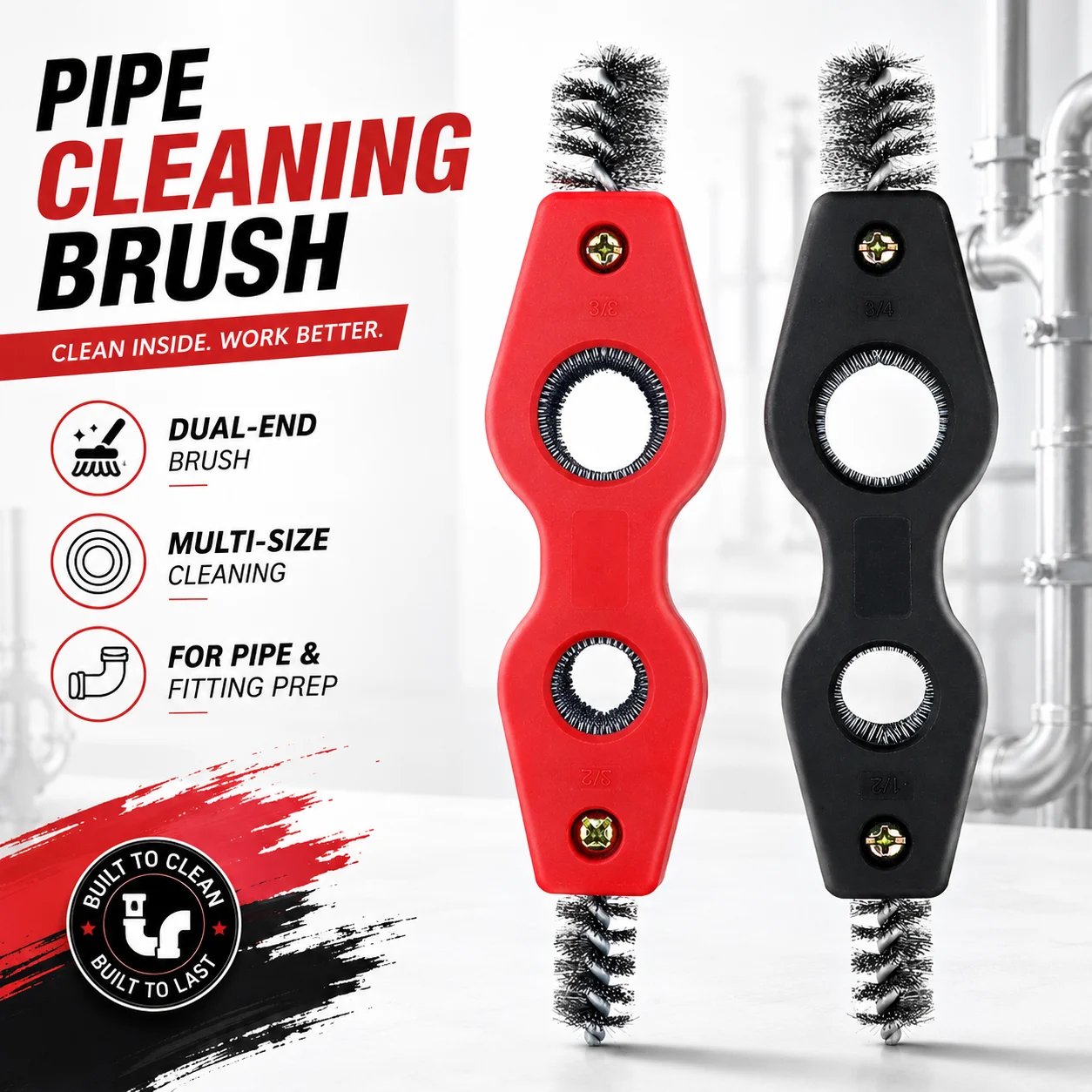 4 in 1 Copper Tubing Brush, 1/2 3/4 Pipe Cleaner, Stainless Steel Wire Brush for Plumbing Installation Soldering