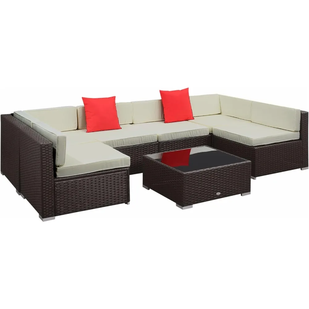 

7-Piece Patio Furniture Set, Wicker Set,PE Rattan Sectional Sofa Sets with Cushions and Tempered Glass Top Coffee Table,Pillows