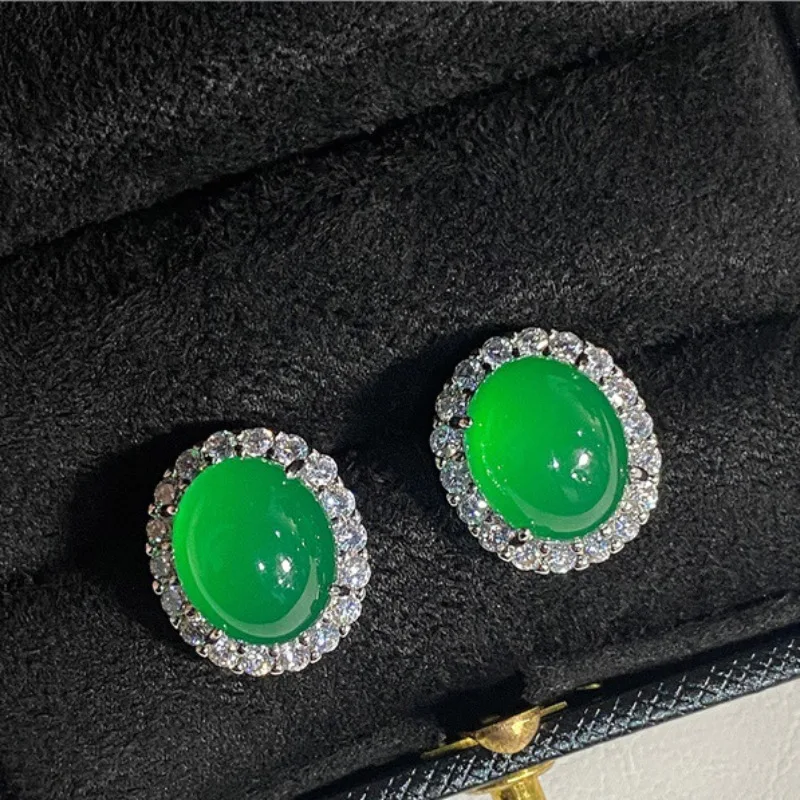 New High Imitation Imperial Green Jadeite Retro Earrings Ladies' High-end Jewelry Earrings Light Luxury Chinese Style Niche Gift