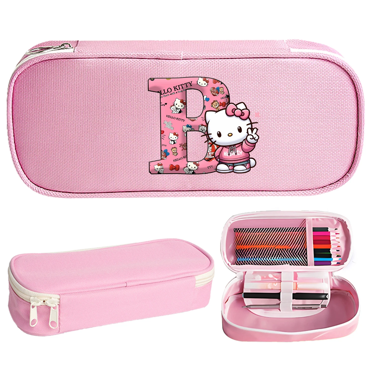 Hello Kitty Pencil Case A-Z Letter Cartoon Pen Bag Kawaii Anime Pink Art Supplies Large Pen Bags Student Office Stationery Gift