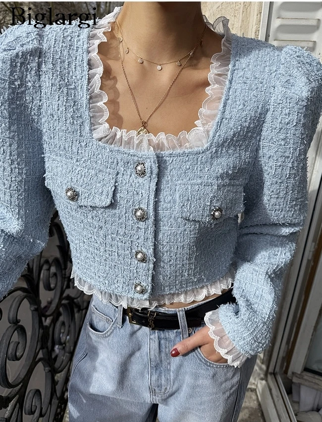 

Autumn Tweed Jackt Coat Women Lace Patchwork Short Coats Ladies Tops Vintage Woman Coats Jacket