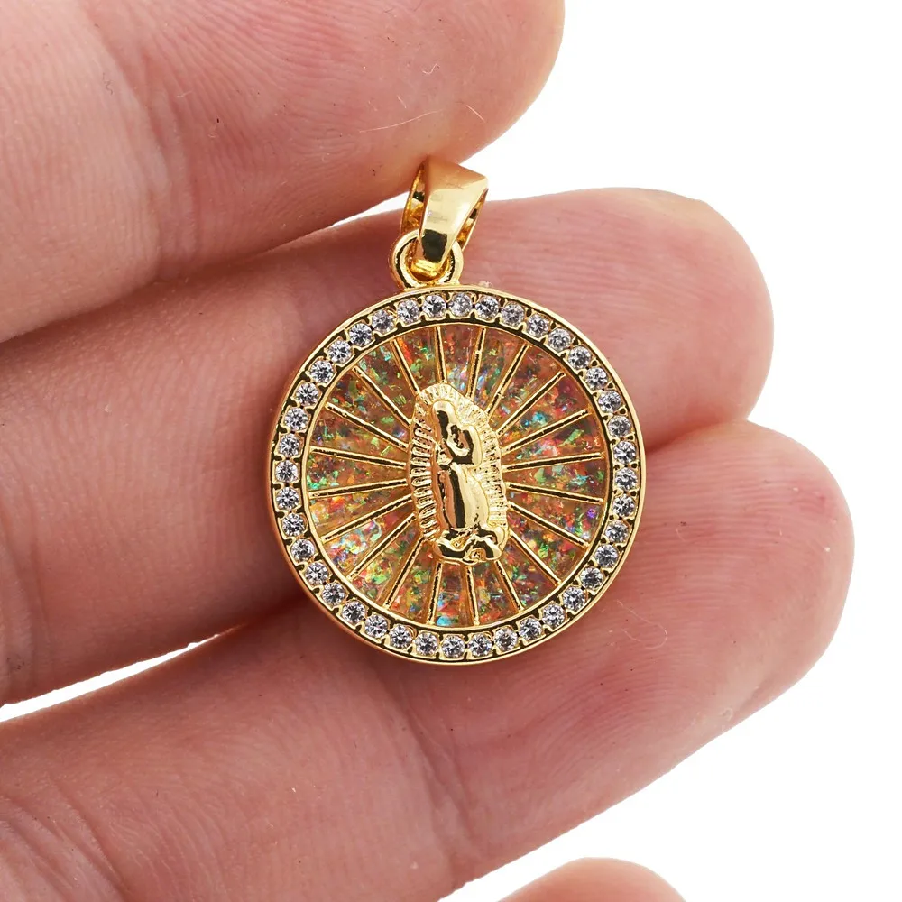 Natural Opal Stone Jesus Round Charm Pendant CZ Zircon Gold Plated Necklace Accessories For Women Jewlery Making DIY Finding