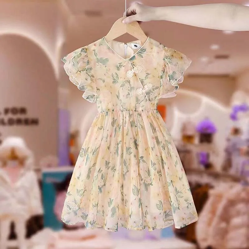 Summer Girls\' Kid Clothes Baby Clothing Full Print Sweet Pan Button V-neck Dress Princess Dress Baby Dress