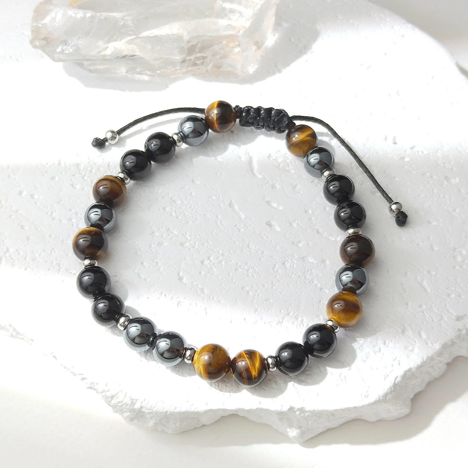 Lii Ji Natural Stone Tiger's Eye Hematite Black Tourmaline 8mm Adjustable Bracelet for Male Jewelry 20-27cm