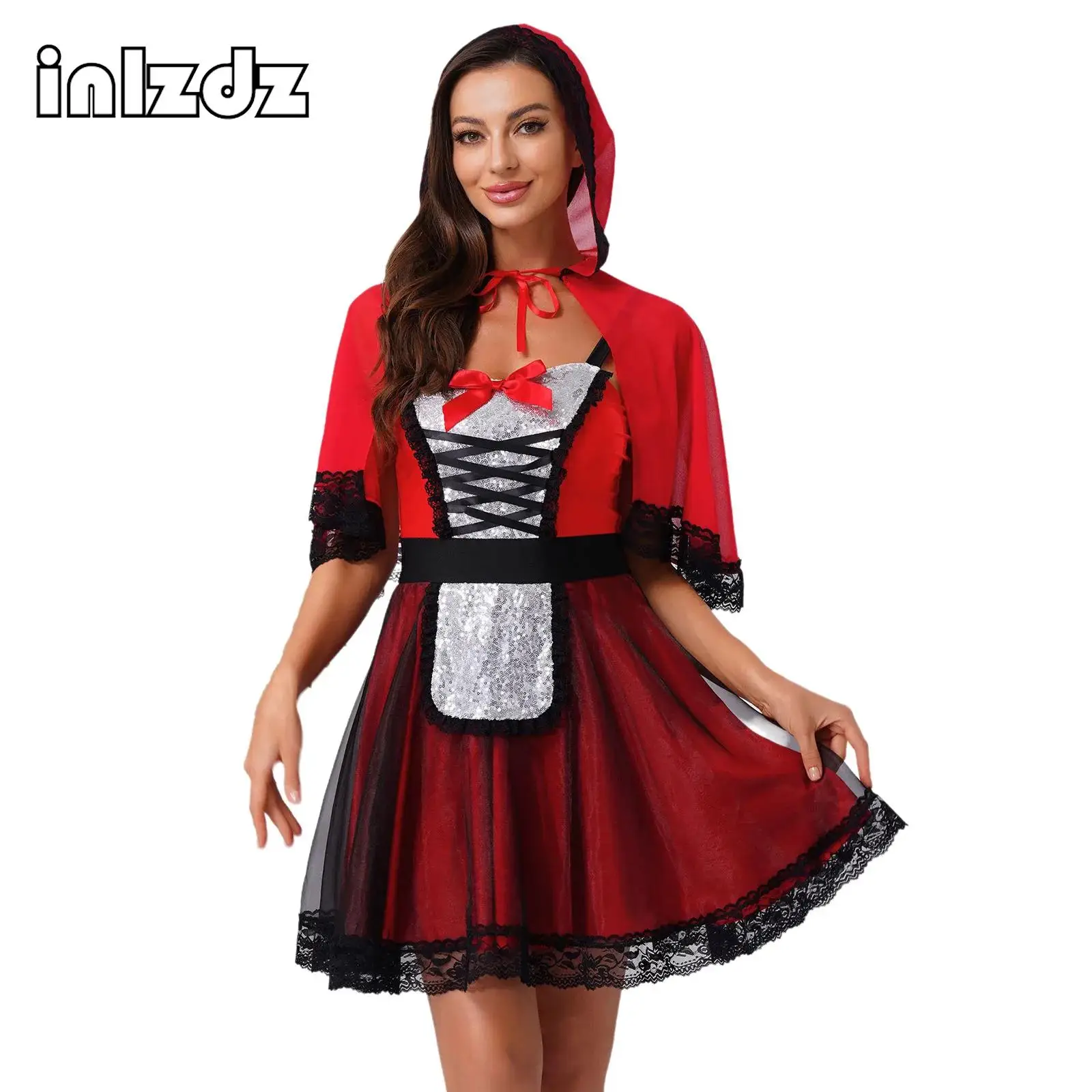 

Women Halloween Bloody Bride Cosplay Dress+Red Hood Cape Bow Shiny Sequin A-line Sling Dress+Hood Dress-up Party Performance Set
