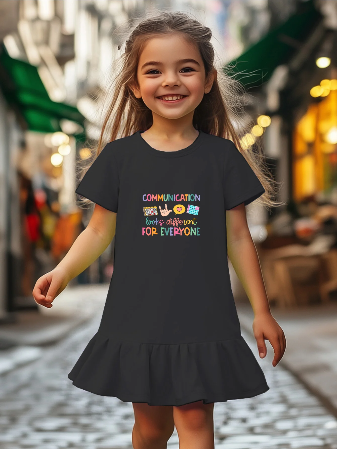 

Girl's summer casual dress, cute cartoon English print, ruffled skirt, soft and breathable, comfortable and versatile.