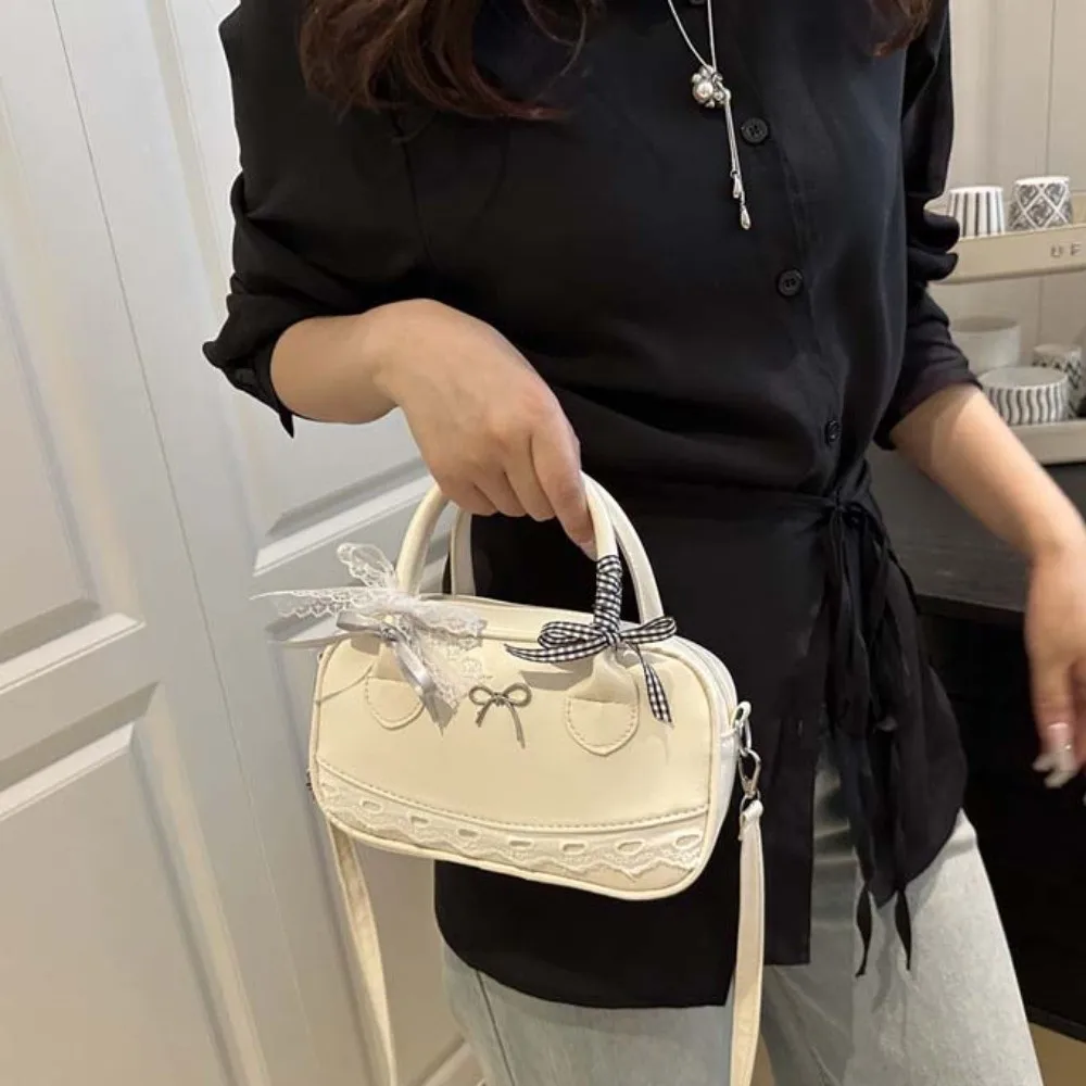 

All-Match PU Leather Boston Handbag Lace Ribbon Waterproof Crossbody Bowling Bag Texture Korean Style Small Square Bag Daily