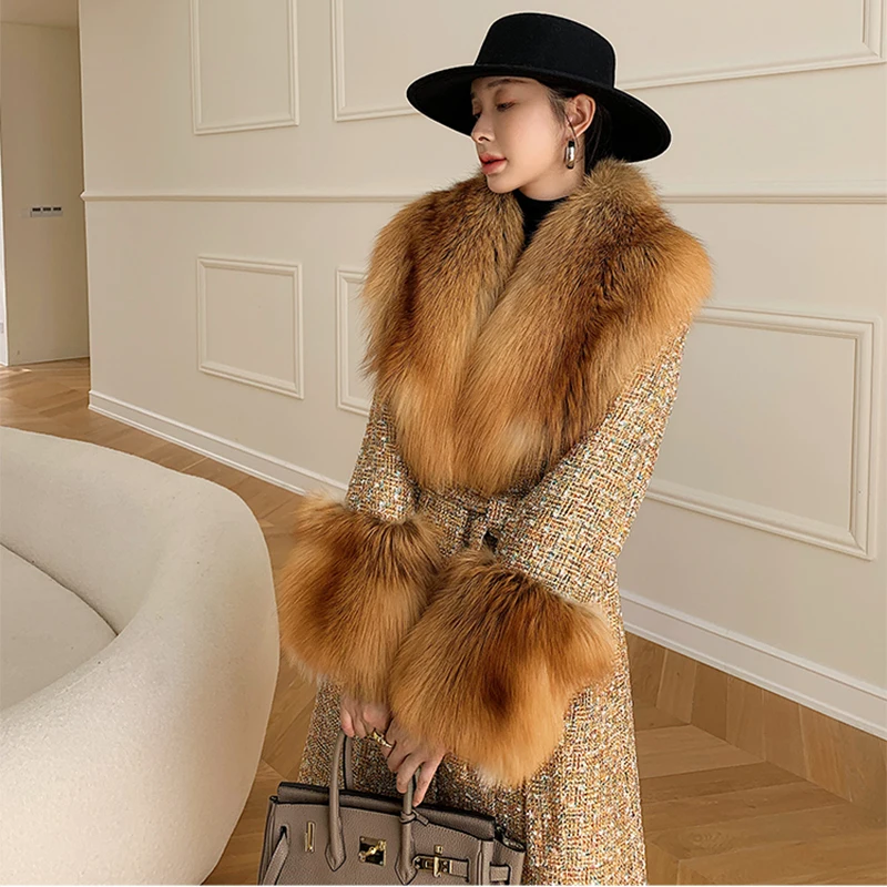 

2023 Real Fur Overcoat Female Winter High Quality Long Slim Belt Fox Fur Collar Splicing Gold Thread Woolen Jackets Women's Clot