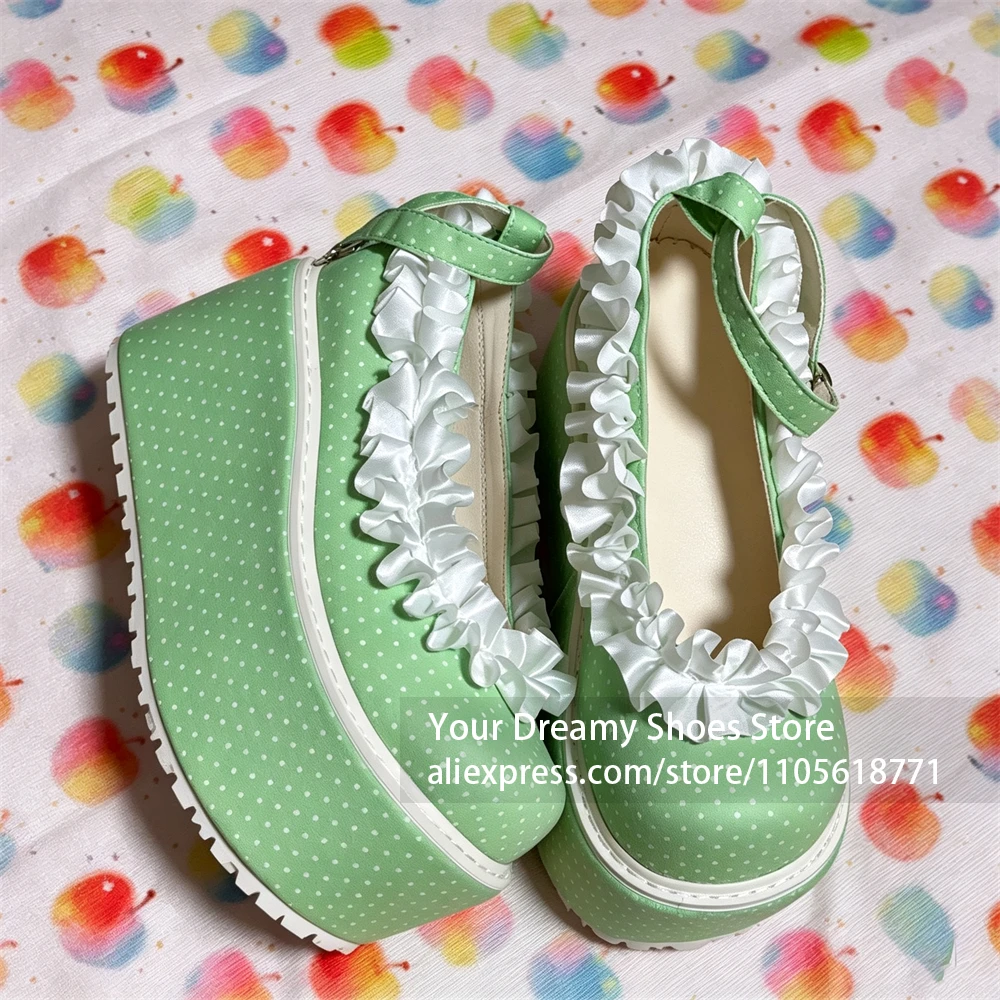 Thick Platform Sole Women Mary Jane Pumps White Ruffle Trim Green White Polka Dot Fabric Upper Pump Ankle Strap With Buckle Pump