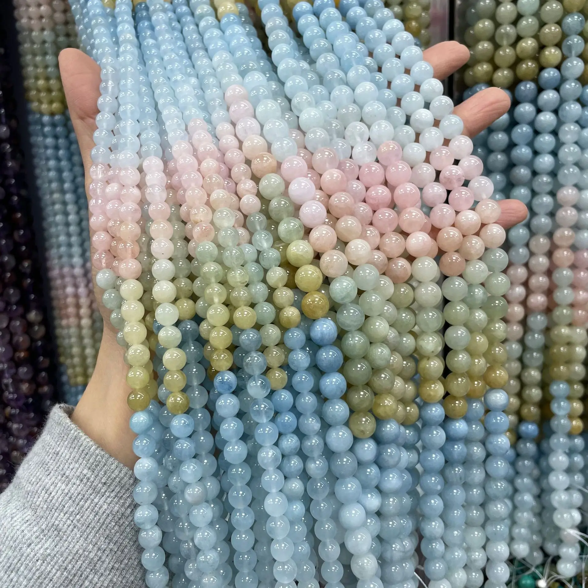 Großhandel Natürliche Aquamarin-Morganit-Beryll Runde Lose Perlen, Facettierte Armbänder, Material für Armbänder, Halsketten, DIY-Schmuck – Detail 6
