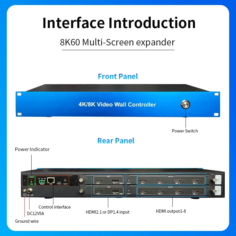 NEW FPGA 8K60YUV420 Multi-screen Expander 2X3 2X4 3X2 Splicing Mode 4K60 1080P120 Resolution 8 Ch HDMI Output Video Wall Control