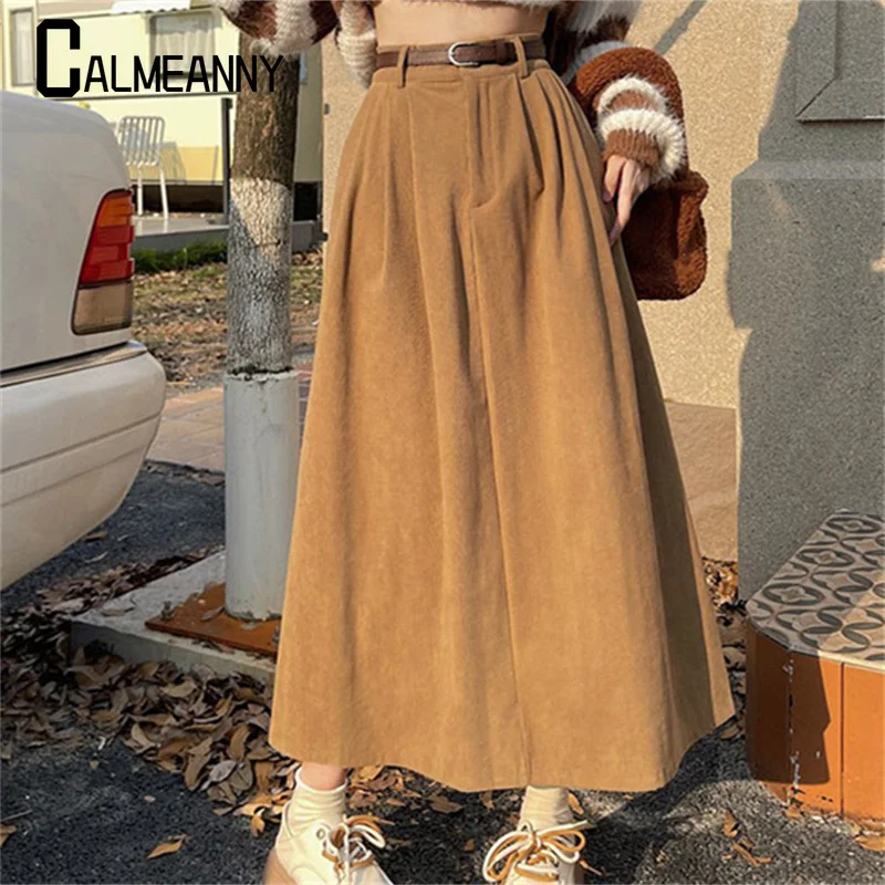 Korean Edition Women's Long Skirt 2023 Autumn Winter High-waist Corduroy Long Skirt Ladies College Style Pleated A-line Skirts