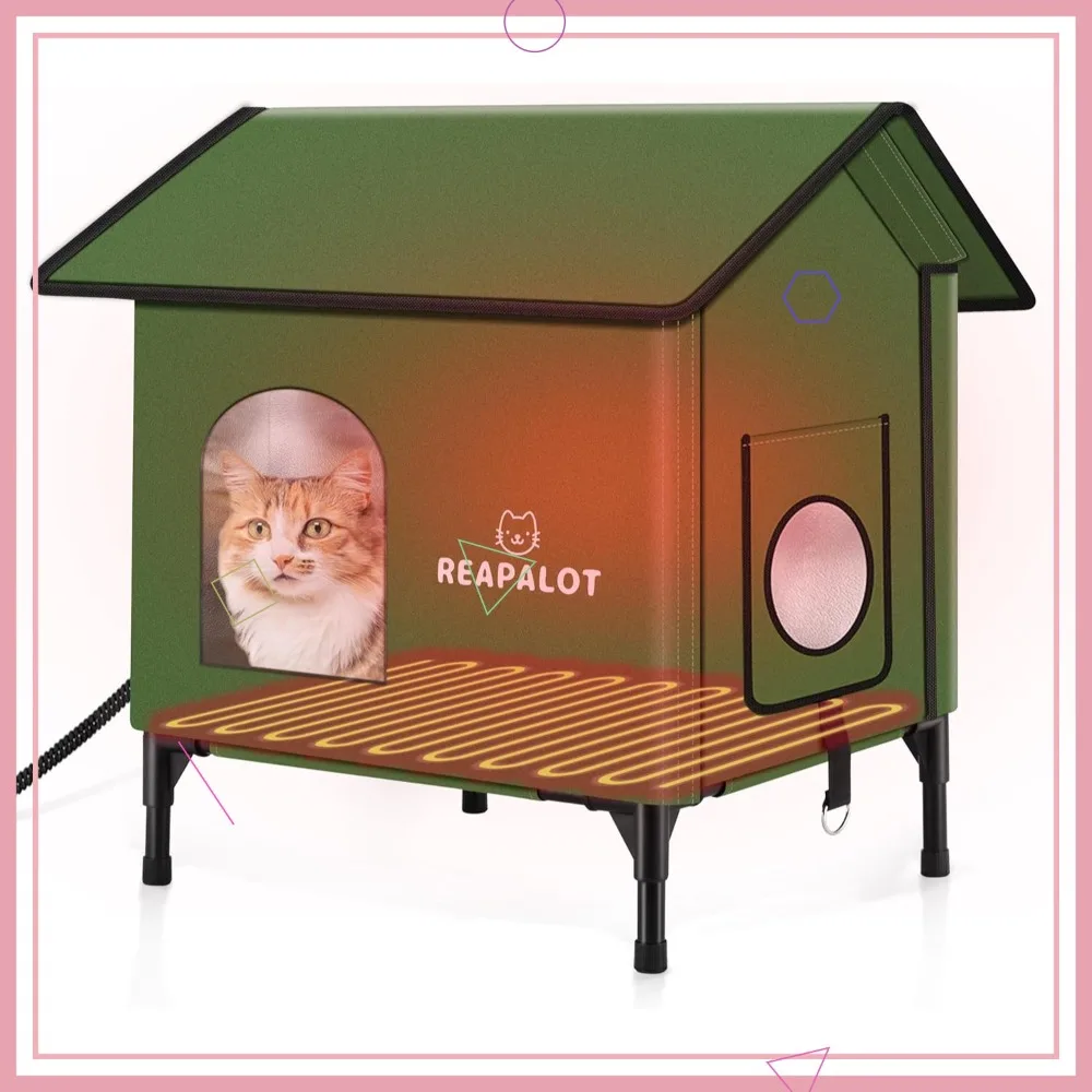 

Утепленный домик для кошек на зиму, уличный утепленный приют с греющей подушкой, приподнятый домик для нескольких кошек (зеленый, L)