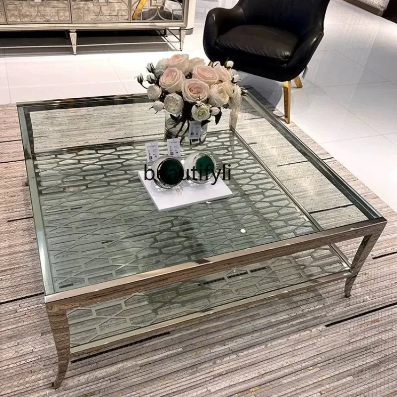 Stainless steel coffee table American light luxury living room tempered double glass designer square coffee table4567