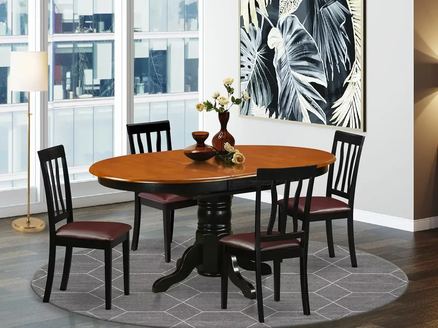 Oval Kitchen Dining Table With Butterfly Leaf Four Faux Leather Chairs 42x60 Inch Black Cherry 5 Piece Dining Set For Four