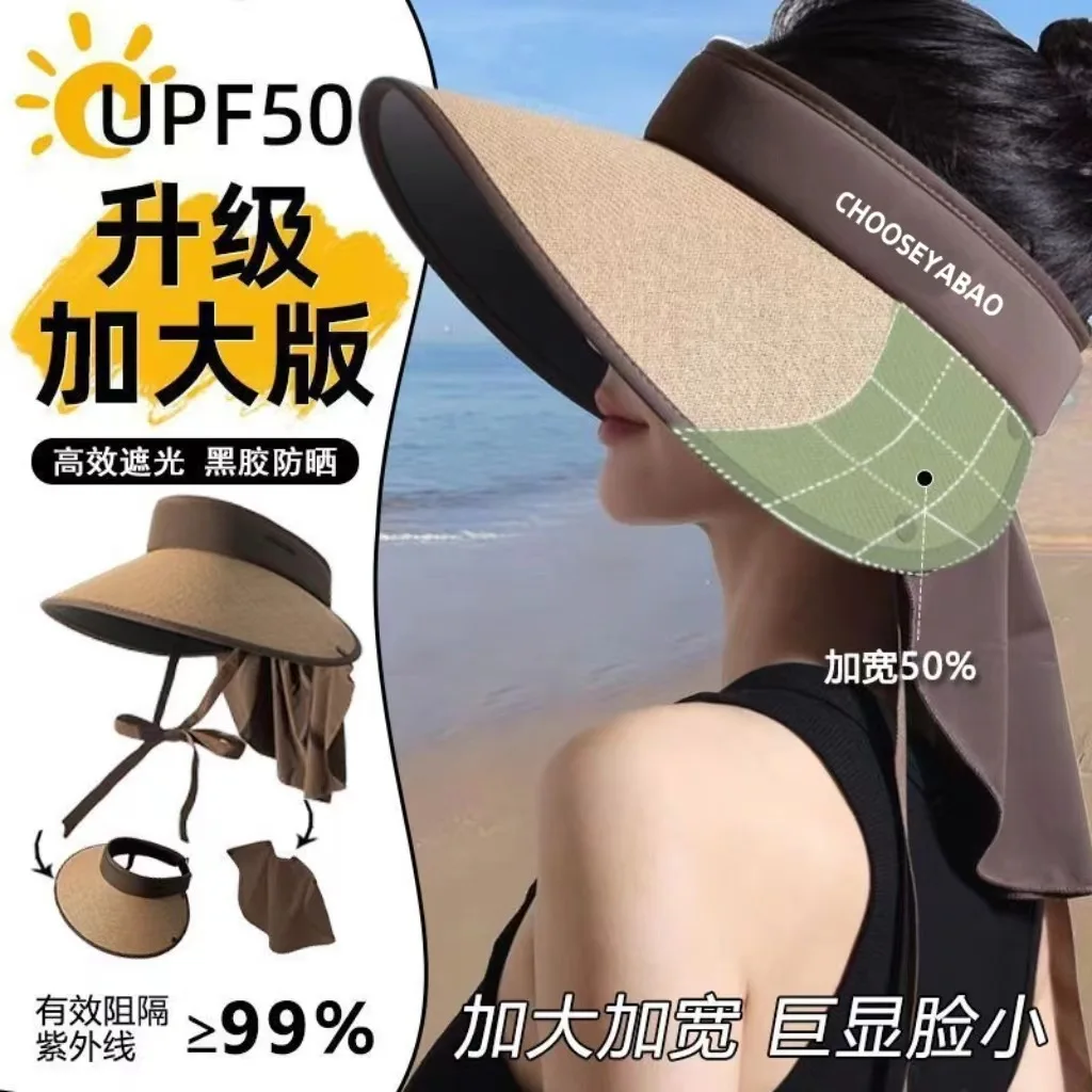 Hollow Top Neck Protection For Women, Travel Simple And Oversized Brim, Fully Covered Face, Sun Hat, Shawl