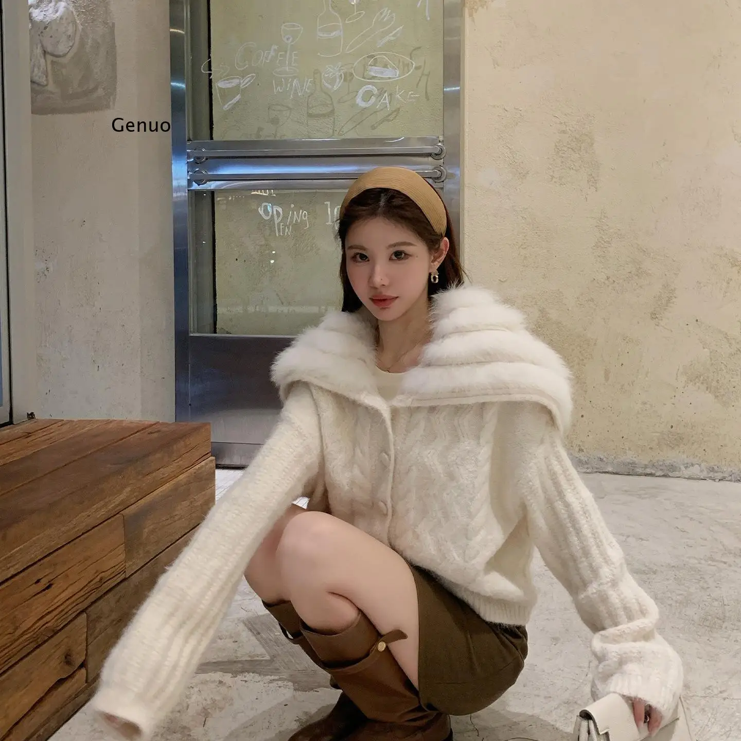 Women Korean Luxury Y2k Style Imitation Wool Faux Fox Fur Lapel Knitted Sweater Coat New Naval Collar Outerwear