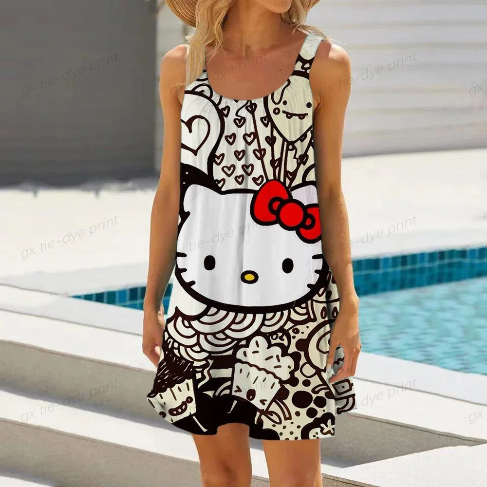 2023 Boho Sling Zomer Vrouw Losse Strand Sexy Mickey Cartoon Mouwloze Jurken Vrouwen Jurk Hello Kitty Print Elegante Jurken