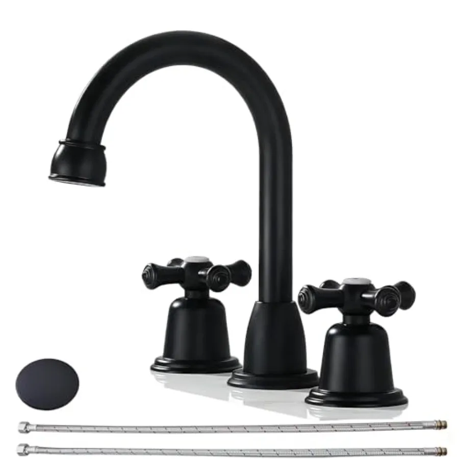 

Bathroom Faucets for Sink 3 Hole Matt Black 8 inch Widespread Bathroom Sink Faucet with Drain 2 Handles Cross Knobs Faucet Vani