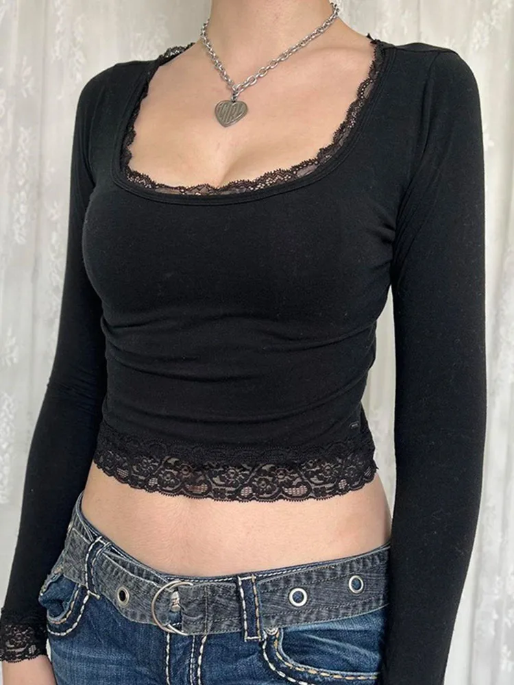 2000s Graphic T Shirt Vintage Fairy Grunge Women Autumn Lace Trim