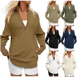 Felpa con orlo curvo Casual a collo alto con scollo a V e cerniera a maniche lunghe da donna, maglione Pullover caldo autunnale con foro per il pollice