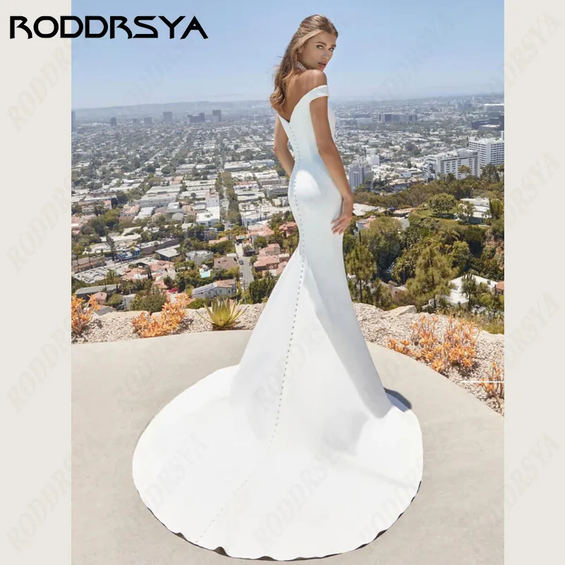 RODDRSYA-vestido de novia de satén suave con abertura alta, traje de sirena con cuello en V y hombros descubiertos, para fiesta nupcial, 2024 vestido de novia de satén suave con abertura alta, traje de sirena con cuell