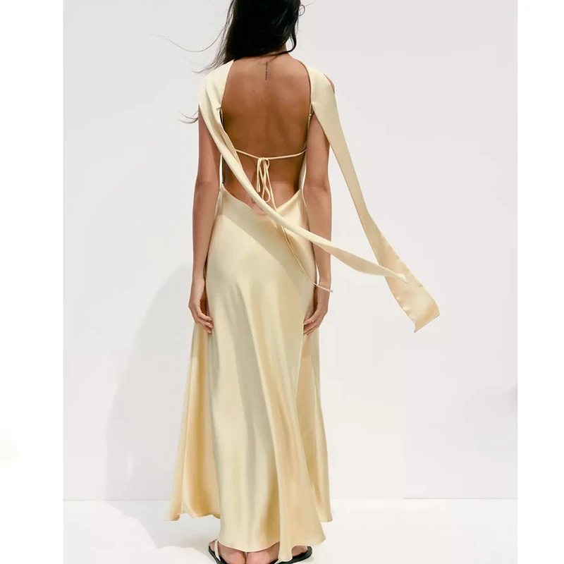 Ticketsx Scarf Satin Dress Women's Sexy V Neck Sleeveless Backless Yellow Slip Dress Summer 2025 Female Evening Party Slim Dress