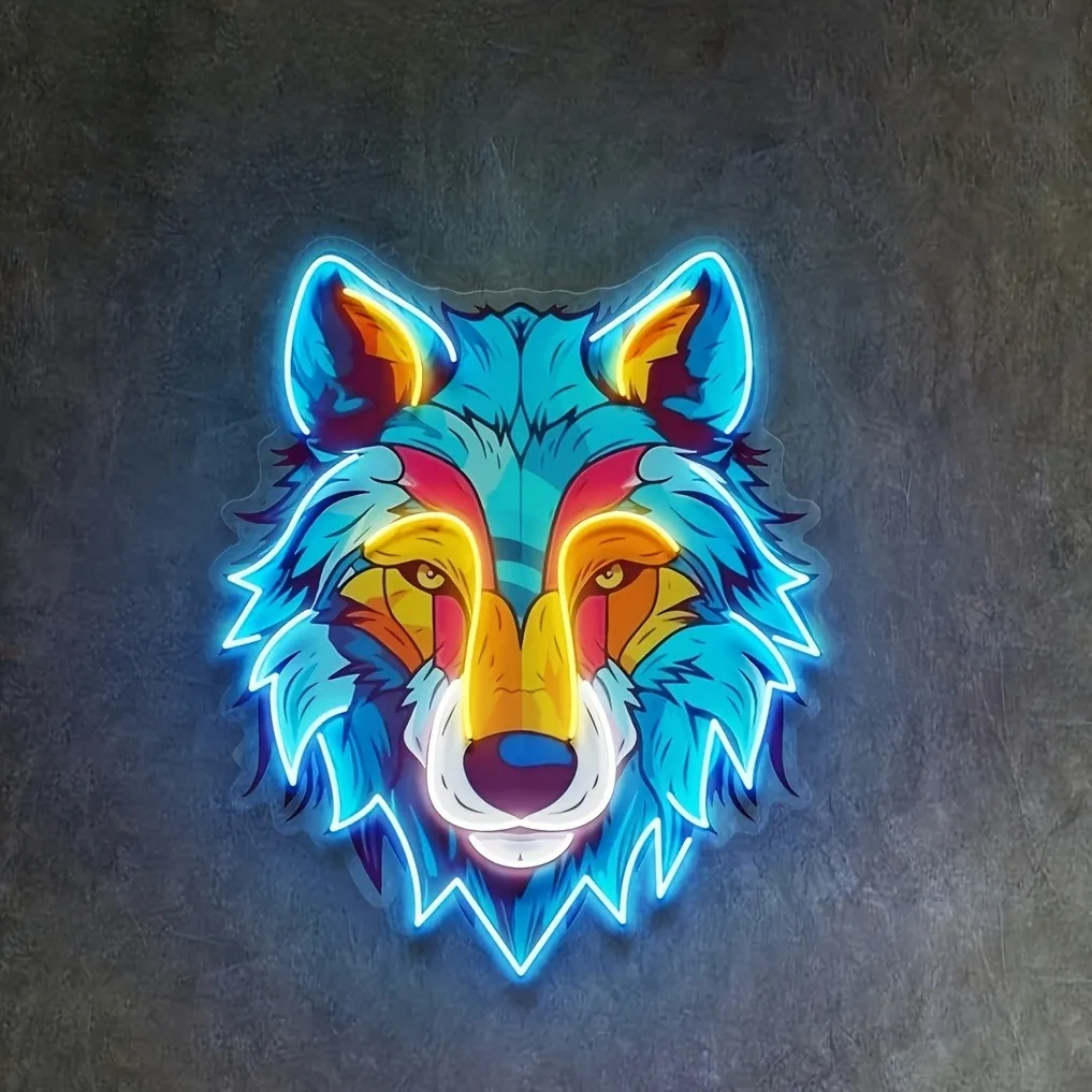 UV Print Wolf Neon Sign LED Cool Animal Wall Art Decor USB Powered Suitable for Game Room Bar Bedroom Party Club Game Room Decor