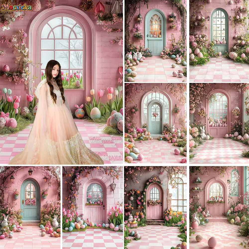 Mocsicka Easter Garden Background Photography Spring Pink Egg House Flowers Window Backdrop Decor Girl Birthday Cake Smash Photo