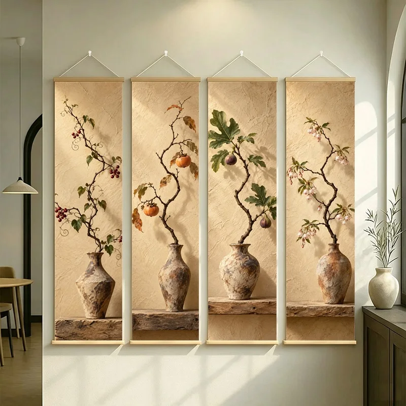 Wall Art Japanese Enkianthus and Greenbrier, Wabi-Sabi Silver Shimmer Canvas Hanging Scroll for Peaceful Meditation Room