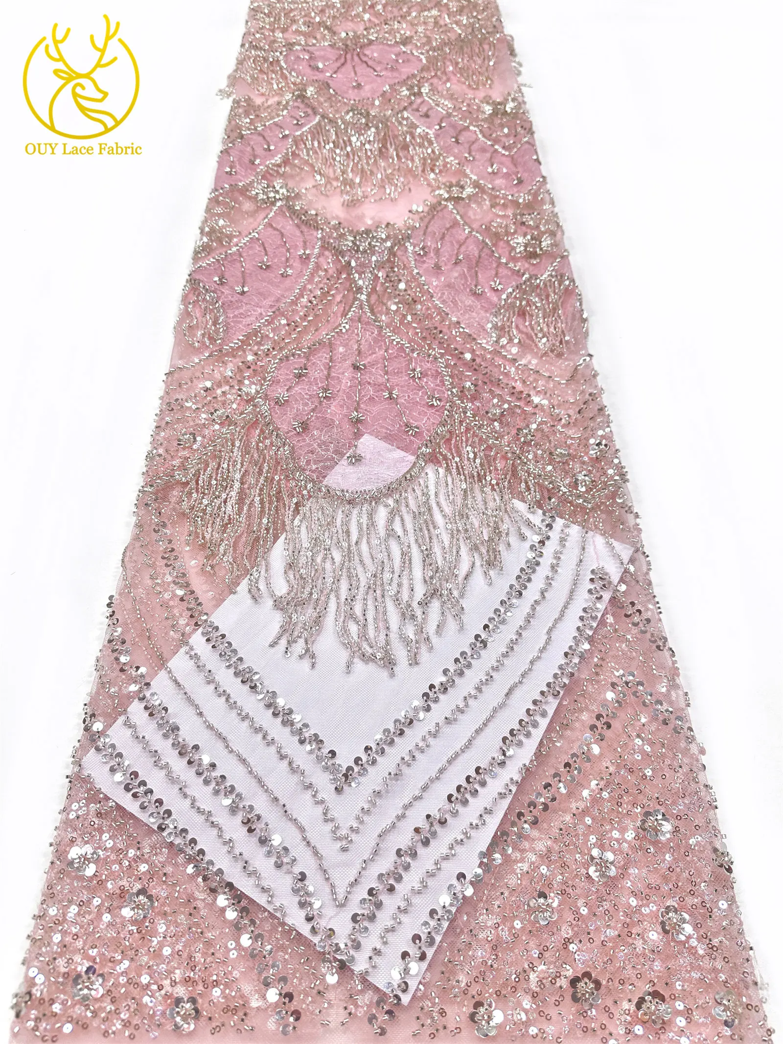 Neues Design 3D Laser Quasten-Perlen-Spitzenstoff Luxuriöser Hochwertiger Afrikanischer Pailletten-Spitzenstoff für Damen-Abendkleider zum Nähen – Detail 18
