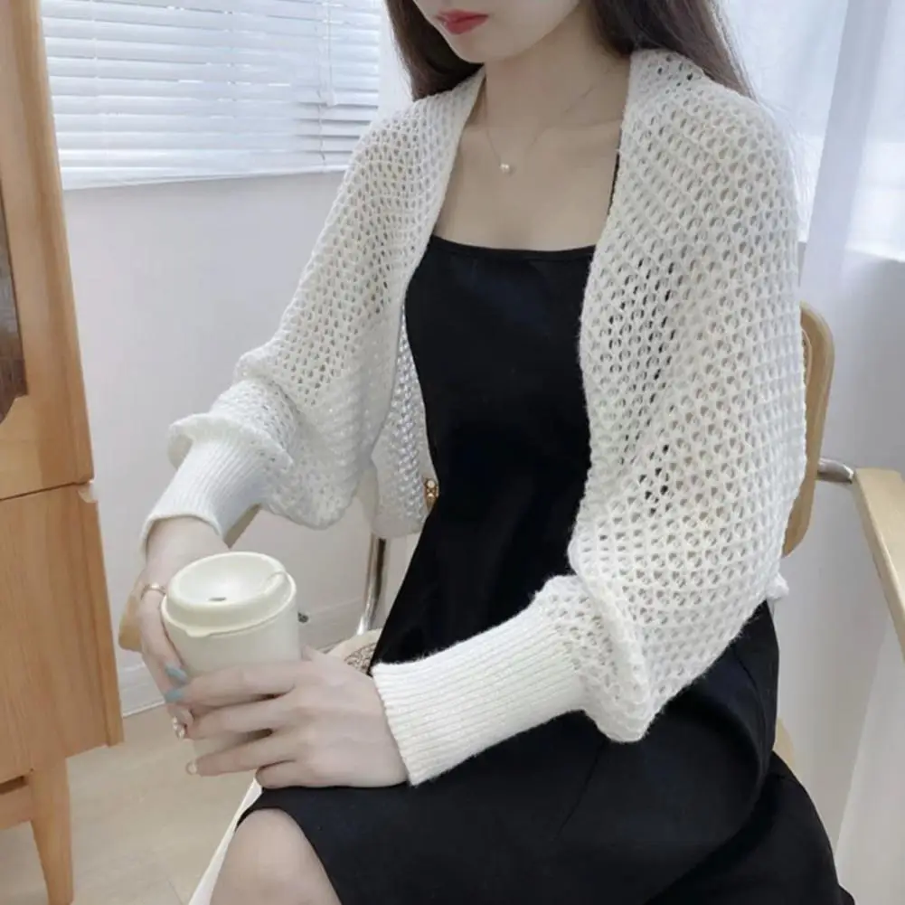 

Women Cardigan Hollow Design Open Front Shawl Coat Solid Color Long Sleeve Knitting Cover Up Breathable Sunscreen Jacket