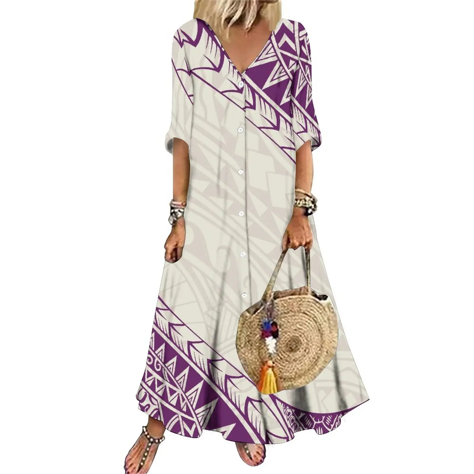 2023 Polynesian Printed Beach Wear Toga V-Neck Covered With Loose Sundress Long-Sleeved Swim Wear