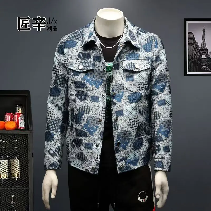 Spring Autumn High Quality Men\'s Fashion Casual Jacket Button Lapel Work Coat Jacquard pattern Plaid Tops Men Jackets