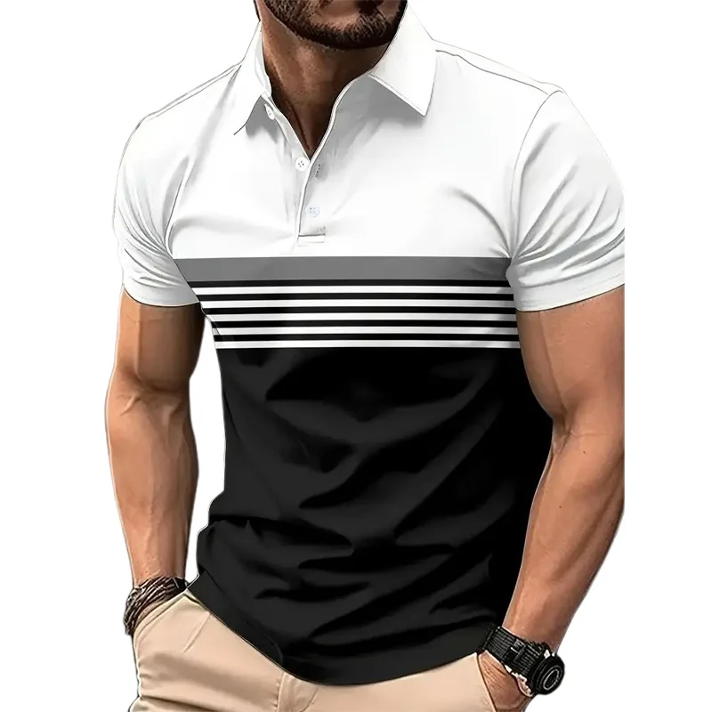 3D Printed Simple Stripe Polo Shirt For Men Colorful Splicing Pattern Tees Summer Street Loose Short Sleeve Tops Lapel T-Shirts