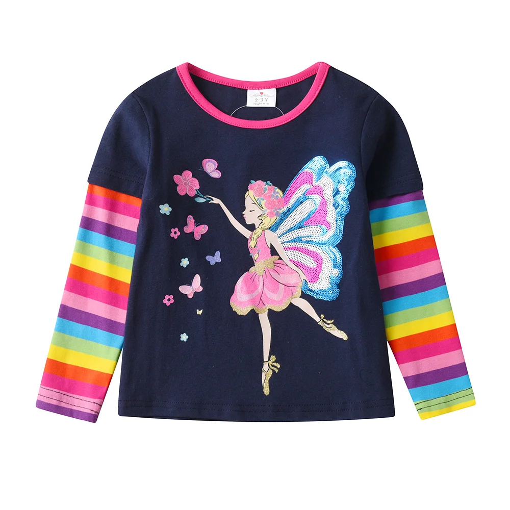 VIKITA Girls Long Sleeve T Shirt Kids Fairy Elf Sequined Appliqued Cotton Casual Tops Girls Striped O Neck Tees Children Clothes