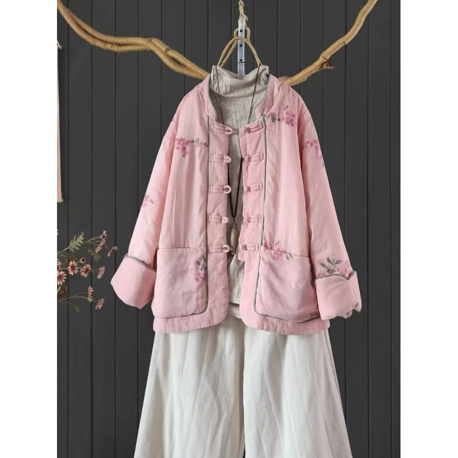 

New Chinese Sle Women's Cotton Jaet with Bules Cold-resistant Linen Cotton Coat Long Sve Stand Collar Double-sided P...