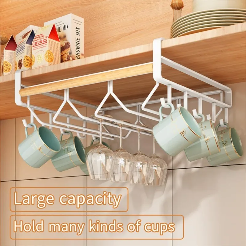 

No Drill Hanging Cup Rack - Wall Mount Drying Shelf for Mugs/Wine Glasses, Space Saving Kitchen Organizer with Hooks