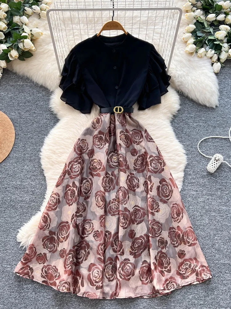 

Retro Print Halter Neck Midi Dress Women's Summer Slimming Elegant Long Skirt Korean Style High Waist Short Sleeve A-Line Dress