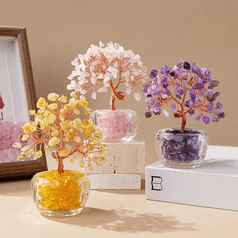 Rock Crystal Gravel Topaz Wealth Tree Glass Cornucopia Base Crystal Tree Home Office Lucky Ornaments Living Room Decoration