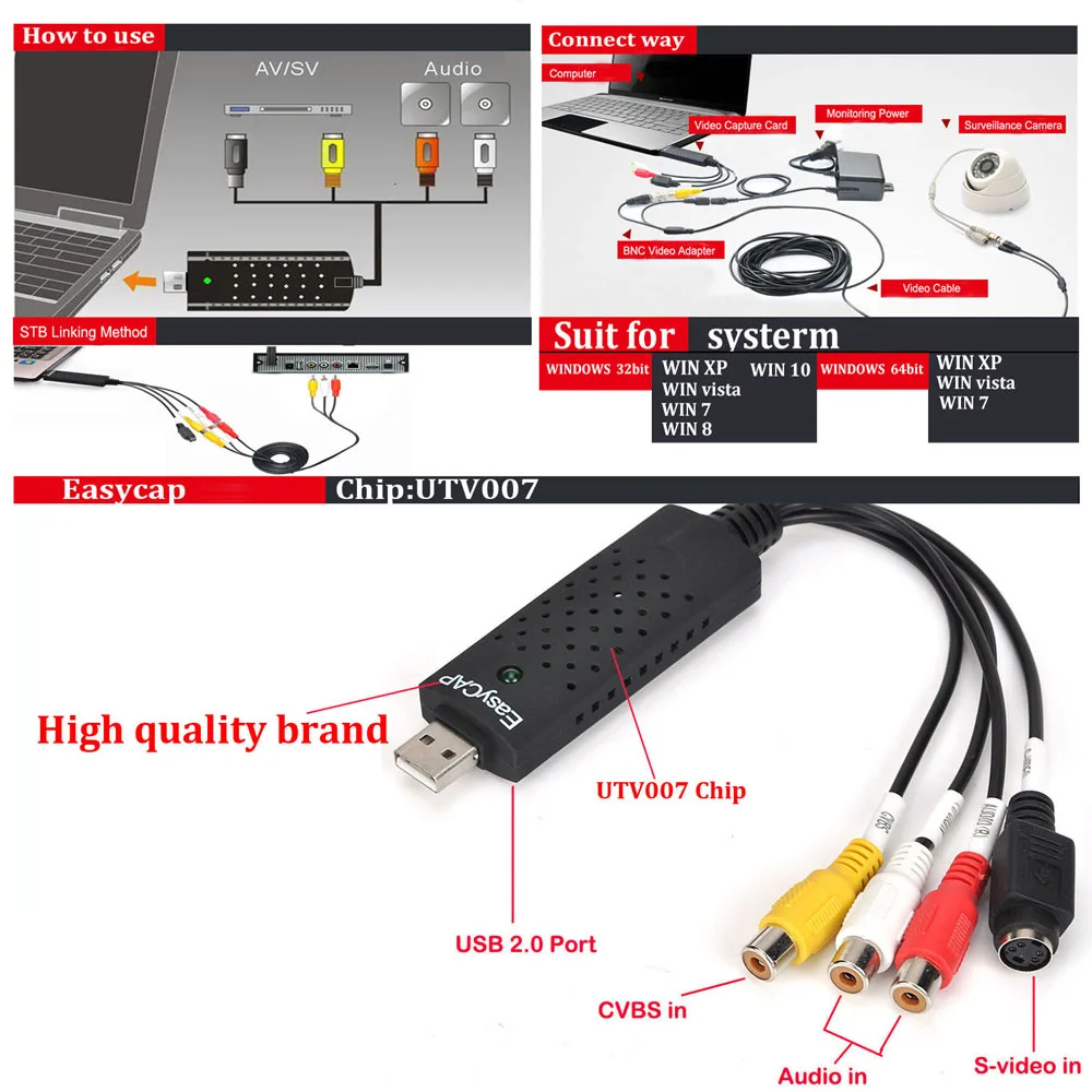 AV Cables Adapter Card TV  DVR Capture  Easy Cap Video  USB 2.0 Easycap  4 Channel DVD VHS Audio  Converter