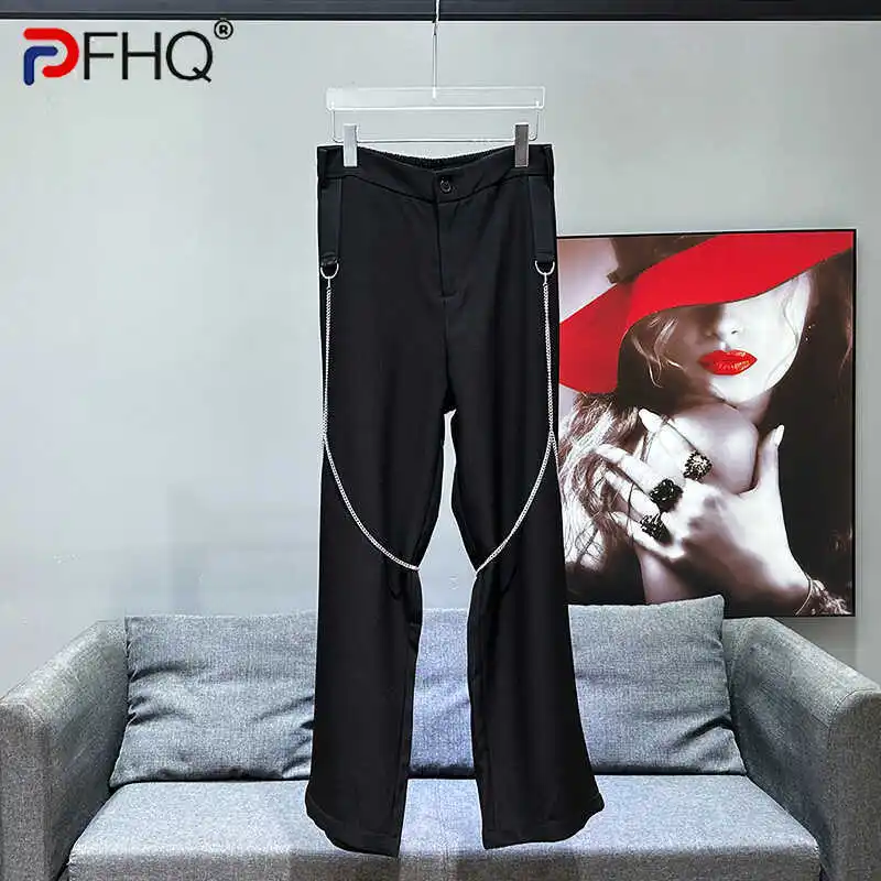 

PFHQ Metal Chain Decoration Male Pants Straight Loose Outdoor Haute Quality Men's Elastic Waist Design Trousers Summer 21Z4348