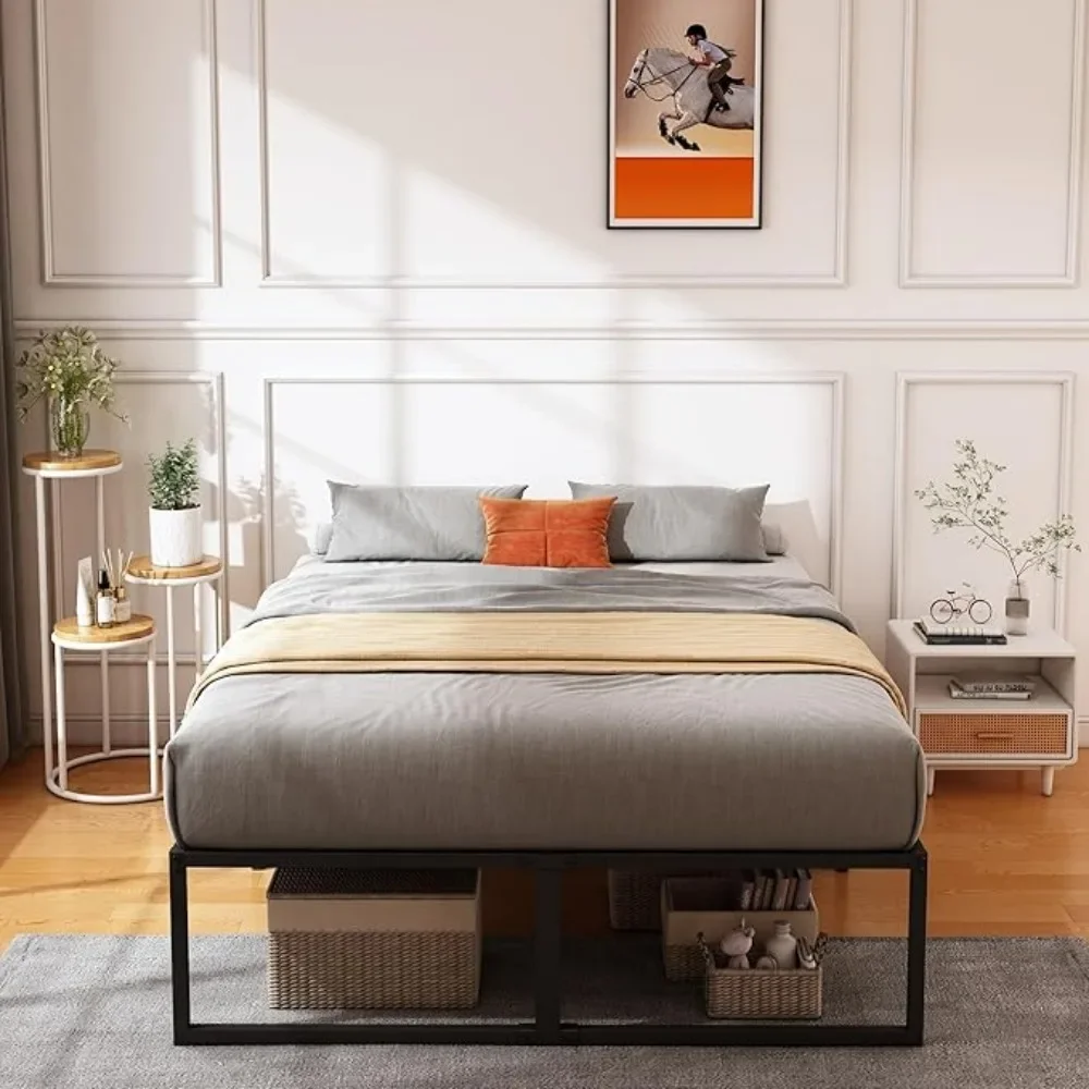16 Inch Bed Frame, No Box Spring Needed, Heavy Duty Metal Platform Queen Size Bed Frame, Strong Steel Slats Support